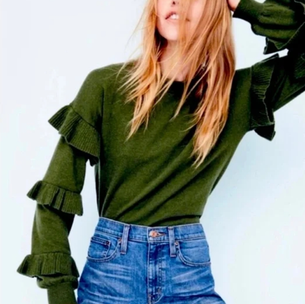 J. Crew Black Label Wool Ruffle Sleeve Green Sweater